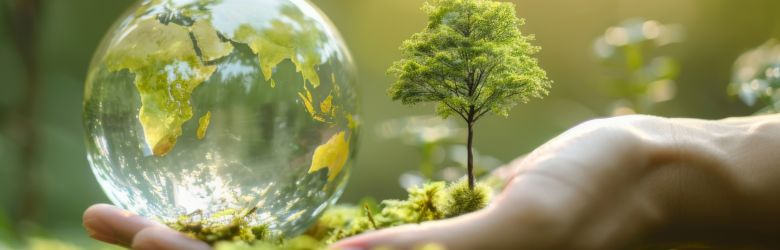 Hand holding globe in nature setting with tree and butterfly